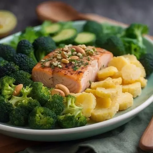 Plate with broccoli, fish, cucumber, pineapple